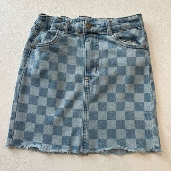 Cat & Jack Girls Denim Skirt Checkerboard Print Raw Hem Size L (10/12) - Picture 1 of 5
